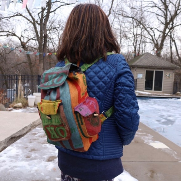 Eco Friendly Recycled Jute Rice Bag Bohemian Backpack Multi-Functional Storage - Picture 3 of 8